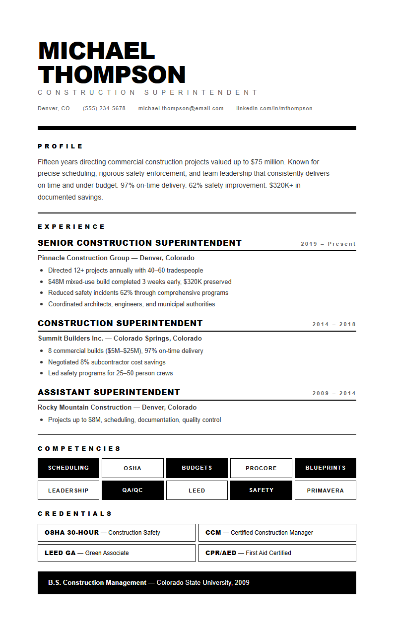 Monochrome construction superintendent resume